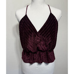 Evie Burgundy Velvet Halter Top 12 Pleated Stretch Open Back Party Blouse Y2K